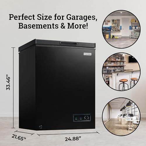 Igloo 5.0 Cu Ft. Upright Deep Freezer Chest- Deep Freezer with Quick Freezing System & Adjustable Thermostat- Low Noise Freezer with Removable Basket & LED Lights for Homes, Garages & Basements- Black