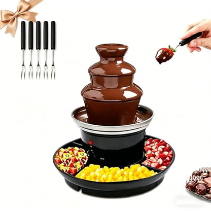 3 Tier Commercial Chocolate Fountain, 1LBS Hot Chocolate Fondue Tower, 120V 40W Power 430 Stainless Steel Chocolate Waterfall Layer Tower w/5 Forks, Deepened Food Tray (3 Layers - Black)