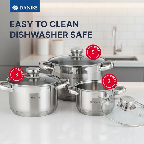 Daniks Standard 6-Piece Stainless Steel Cookware set with Glass Lid, Tri-Ply Bases for Even Heating, Induction Compatible, Dishwasher Safe, Built-In Measuring Scale, Silver