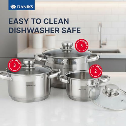 Daniks Standard 6-Piece Stainless Steel Cookware set with Glass Lid, Tri-Ply Bases for Even Heating, Induction Compatible, Dishwasher Safe, Built-In Measuring Scale, Silver