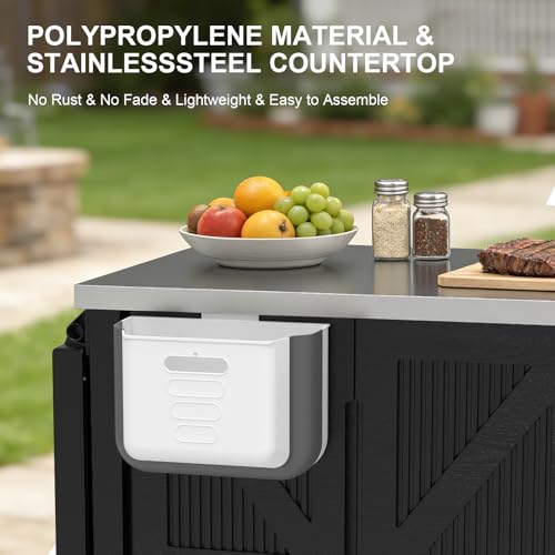 IWDOO Outdoor Kitchen Island with Storage Cabinet, 3-in-1 Movable Grill Cart with Stainless Steel Tabletop, 4 Swivel Wheels, Foldable Sink Rolling Bar Table Cart BBQ Food Prep Station for Patio, Black