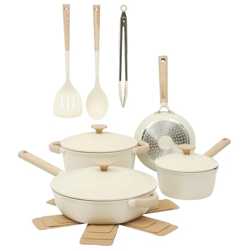 Gibson Elite Folkstone 13 Piece Pots and Pans Durable Cast Aluminum PFA Free Non stick Ceramic Coating Cookware Set W/Kitchen Tools and Protective Felts - Induction Safe - Linen White W/Wood Handle