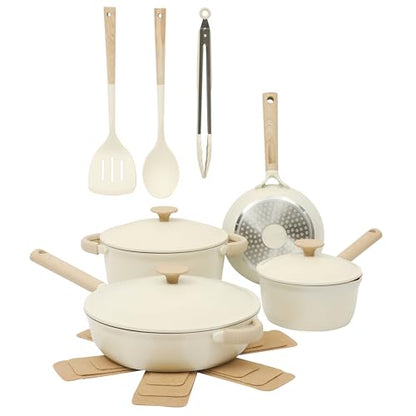 Gibson Elite Folkstone 13 Piece Pots and Pans Durable Cast Aluminum PFA Free Non stick Ceramic Coating Cookware Set W/Kitchen Tools and Protective Felts - Induction Safe - Linen White W/Wood Handle