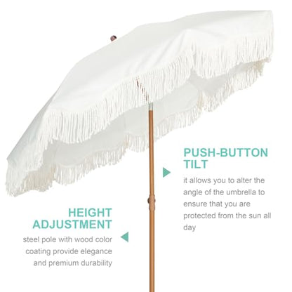 AMMSUN Boho Fringe Umbrella Outdoor Patio, 6.5ft UPF50+ Picnic Umbrella with Tassels with Steel Pole and Push Button Tilt, Antique White