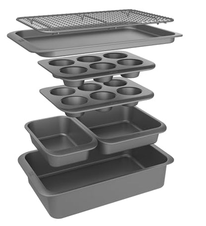 Chicago Metallic 7-Piece Nesting Bakeware Set - Carbon Steel Nonstick Baking Sheet, Loaf Pan, Muffin Pan, Cake Pan, Roaster and Cooling Rack - Space-Saving Kitchen Essentials
