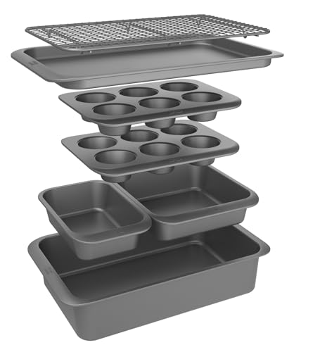 Chicago Metallic 7-Piece Nesting Bakeware Set - Carbon Steel Nonstick Baking Sheet, Loaf Pan, Muffin Pan, Cake Pan, Roaster and Cooling Rack - Space-Saving Kitchen Essentials