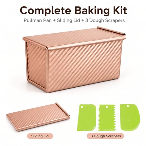 Spmarkt Pullman Loaf Pan with Lid, Aluminized Steel 1 Lb Nonstick Sandwich Bread Pan for Homemade Bread, 8.4x4.8 Inch Professional Rectangular Loaf Pan with Dough Scraper and Cutter