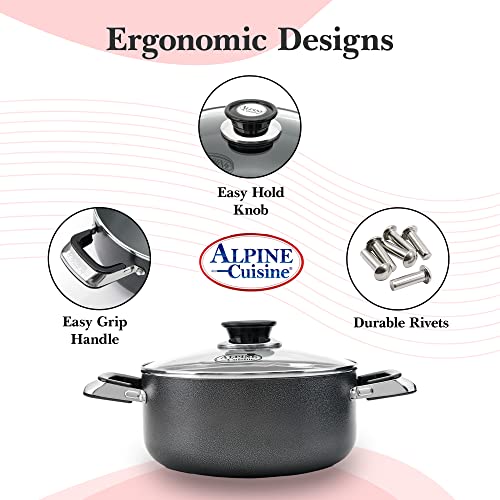 Alpine Cuisine 4 Quart Non-stick Stock Pot with Tempered Glass Lid and Carrying Handles, Multi-Purpose Cookware Aluminum Dutch Oven for Braising, Boiling, Stewing