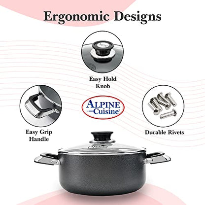 Alpine Cuisine 4 Quart Non-stick Stock Pot with Tempered Glass Lid and Carrying Handles, Multi-Purpose Cookware Aluminum Dutch Oven for Braising, Boiling, Stewing