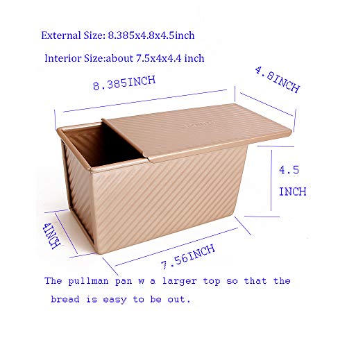 monfish Pullman Loaf Pan w Cover Bread Toast Mold corrugated loaf Pan w lid 1lb dough Alluminumed Steel Non Stick Gold (8.5X4.75X4.375INCH)