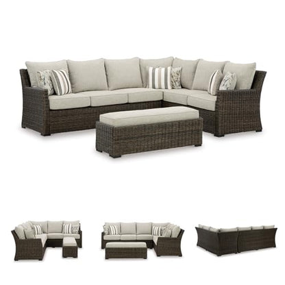 Signature Design by Ashley Brook Ranch Outdoor Sectional, All‑Weather Resin Wicker Patio Furniture With High‑Performance Cushions, Durable Aluminum Frame, Neutral