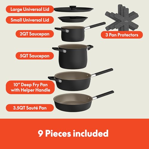 bella 9 Piece Ceramic Nonstick Cookware Set, Fits-anywhere™ Kitchenware w EverGood™ Coating, Dishwasher & Oven Safe, All Stovetops Compatible, Stackable Design, Cool Touch Handles, Black