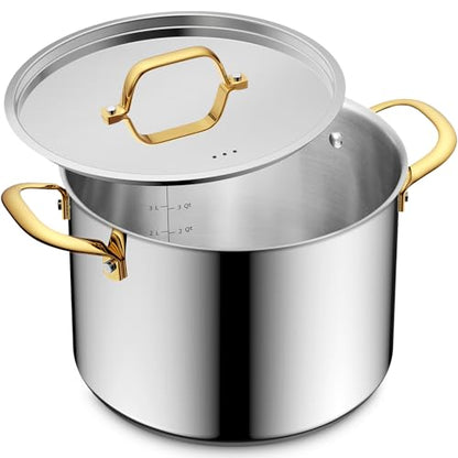 BEZIA 6 Quart Stainless Steel Stock Pot, 0-Coating Healthy Soup Pot for Small Families, Tri-ply Even Heat for Daily Cooking & Side Dishes, Compatible with All Stovetops