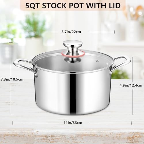 Homikit Cooking Stock Pot with Lid, 5 Quart Heavy Duty Tri-ply 18/10 Stainless Steel Soup Pot for Pasta Vegetable Steaming and Stewing, Induction Compatible & Dishwasher Safe