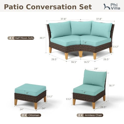 PHI VILLA 12 Pieces Wicker Patio Furniture Sofa Set, Half Moon, Aqua Blue
