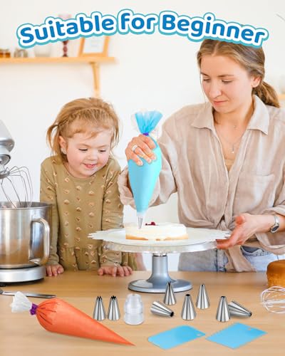 130 Pcs Piping Bags and Tips Set, Cakes Decorating Kit Supplies with 100 Pcs 12 Inch Piping Bags, 1 Reusable Pastry Bags, 18 Tips, 2 Couplers, 2 Bags Ties, 3 Clips, 1 Scriber Needle, 3 Cake Scraper
