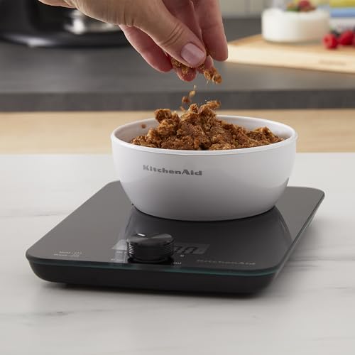 KitchenAid KQ914BA Digital Glass Top Kitchen and Food Scale, 11 lb Capacity, Measures Liquid & Dry Ingredients, Rotating Knob, Precise Results for Baking, Cooking, Keto and Meal Prep, Tare, Black