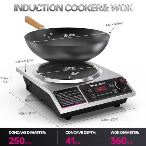 leconchef Induction Cooker with Wok 1800W Professional Electric Induction Burner with 11-Level Setting for Cooking,24-hour Timer and Preset,Keep warm,14" Carbon Steel Wok Included