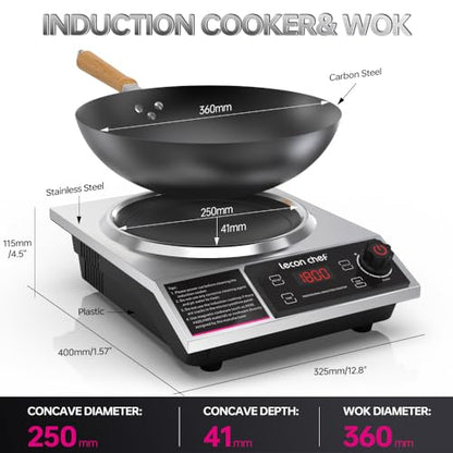 leconchef Induction Cooker with Wok 1800W Professional Electric Induction Burner with 11-Level Setting for Cooking,24-hour Timer and Preset,Keep warm,14" Carbon Steel Wok Included