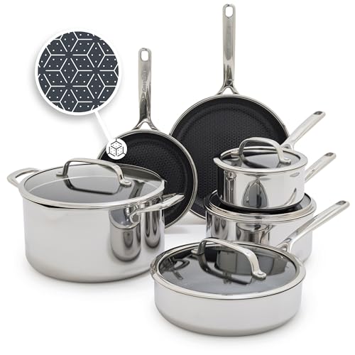 GreenPan Spectra 10 Piece Cookware Set,Hybrid Tri-Ply Stainless Steel, PFAS-Free Ceramic Nonstick Textured Cooking Surface,Induction Pots & Pans with Lids, Dishwasher Safe,Oven & Broiler Temp to 850˚F