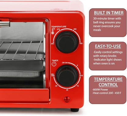 9.5 Quart Electric Countertop Toaster Oven, Compact Red Kitchen Oven with Adjustable Temperature & Quartz Heating (Red)