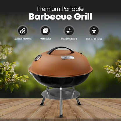 GasOne 14-inch Portable Charcoal Barbecue Grill with Thermometer Lux Brown
