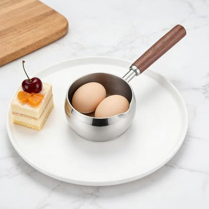 Mornajina 500ML 17oz Stainless Steel Milk Butter Warmer Pot, Mini Sauce Pot with Wooden Handle, Heating Milk, Melting Butter, Warming Sauces