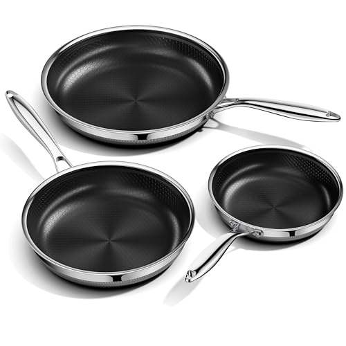 Innerwell Nonstick Frying Pan Set,8 Inch&9.5 Inch&11 Inch Tri-Ply Hybrid Stainless Steel Ceramic Frying Pans Kitchen Cooking Pan Skillet 3 Piece PFAS/PFOA/PTFE Free,Dishwasher & Oven Safe