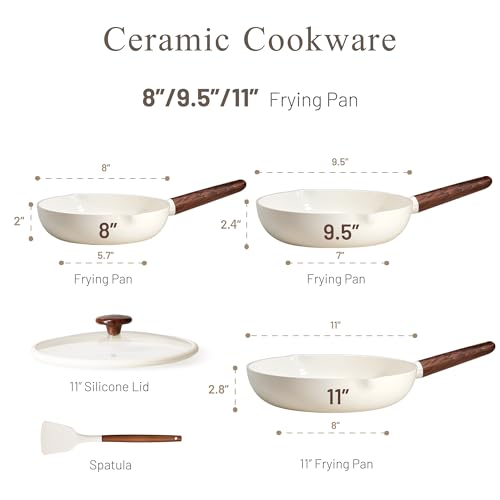 CAROTE Nonstick Frying Pans Skillets, Ceramic Coating Non-Stick Frying Pans Set, 5 PCS, Non-toxic Healthy & PFOA Free, Induction Compatible, 8+9.5+11 Inch with Colander Lid and Spatula, Cream White