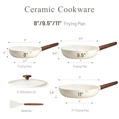 CAROTE Nonstick Frying Pans Skillets, Ceramic Coating Non-Stick Frying Pans Set, 5 PCS, Non-toxic Healthy & PFOA Free, Induction Compatible, 8+9.5+11 Inch with Colander Lid and Spatula, Cream White