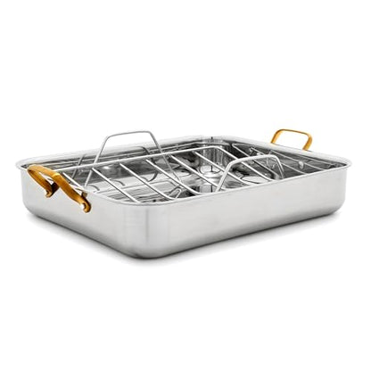 GreenPan Reserve 16" x 13" Tri-Ply Stainless Steel Roasting Pan with Roaster Rack, Multiclad Cookware, Induction Suitable, Gold Stainless Steel Handles, Dishwasher & Oven Safe, Silver