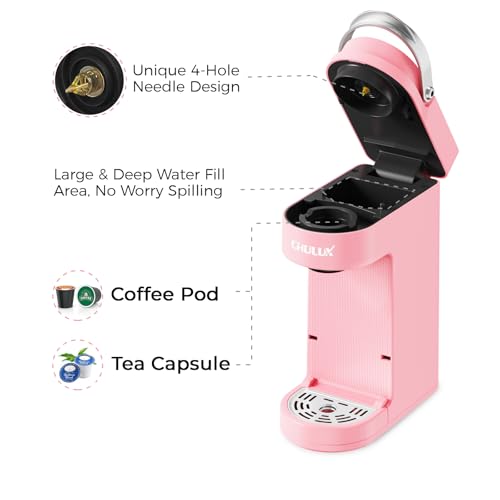 CHULUX Slim Single Serve Coffee Maker for K Pods, One Cup Coffee Maker Fits 7.3" Travel Mugs, Coffee Machine with 6 to 12oz Brew Sizes, Salmon Pink
