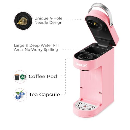 CHULUX Slim Single Serve Coffee Maker for K Pods, One Cup Coffee Maker Fits 7.3" Travel Mugs, Coffee Machine with 6 to 12oz Brew Sizes, Salmon Pink