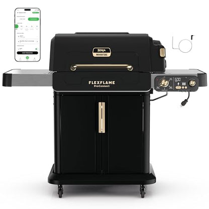 Ninja FlexFlame ProConnect Grill & Smoker | 5-in-1 Smart Cooking System | Electric & Propane | App-Connected | 3-Burner Digital Control | Roast, Griddle & Pizza Maker | Black/Gold | PG305