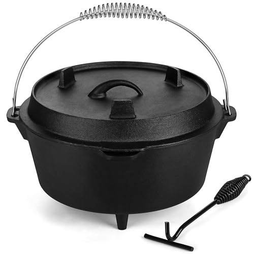 7QT Dutch Oven Camping with Lid Lifter, Leonyo 2 in 1 Cast Iron Dutch Oven for Outdoor Camping, Heavy Duty & Pre-Seasoned Deep Pot for Sourdough Bread Baking, Campfire Cooking