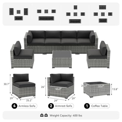 LazySunsets 7-Piece Patio Furniture Set, Wicker Rattan Outdoor Furniture with Thick Cushions, Patio Conversation Sets with Coffee Table, Outdoor Sectional Couch Sofa with Waterproof Cover, Black
