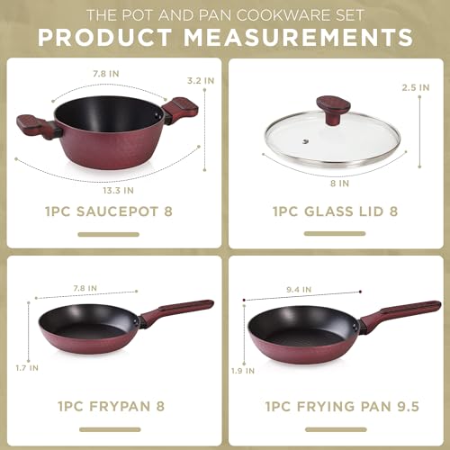 Moss & Stone 4 Piece Nonstick Cookware Set, Small Pots And Pans Set Non stick With Glass Lid, Induction Cookware, Stay Cool Handle, PTFE/PFOA, Kitchen Cookware 4-Piece with Frying Pans Set & Saucepan