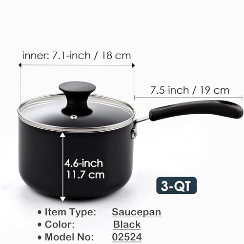 Cook N Home Basic Nonstick Saucepan with Glass Lid, Non Stick Aluminum Sauce Pan, Multi-purpose Kitchen Pot, Milk Chocolate Cooking Pot Pan with Stay-Cool Handle, 3-Quart, Black