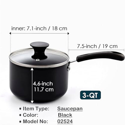 Cook N Home Basic Nonstick Saucepan with Glass Lid, Non Stick Aluminum Sauce Pan, Multi-purpose Kitchen Pot, Milk Chocolate Cooking Pot Pan with Stay-Cool Handle, 3-Quart, Black