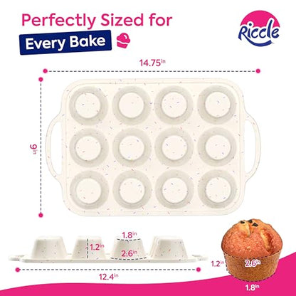 RICCLE Silicone Muffin Pans for Baking with Metal Reinforced Frame, 12-Cup Cupcake Pan, 2 Pcs Muffin Trays for Cupcake Baking, Tray Molds, Oven & Dishwasher Safe, BPA-Free (2 x Regular)