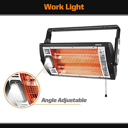 Shinic 2 Packs Electric Garage Heaters, 1500W/750W Ceiling Mounted Heater Radiant Heaters with Halogen Light, 90 Degree Rotation, 5 Mode Settings, Space Heater for Garage, Shop, Large Room and Patio