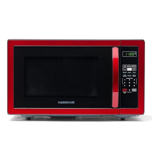 Farberware 1.1 Cu. Ft. Countertop Microwave Oven – 1000 Watts Power, Auto Cook Settings, Defrost, Easy Clean and Child Safety Lock - Metallic Red