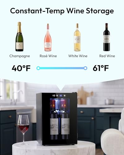 EUHOMY 18L Freestanding Counter-top Wine Fridge Mini Fridge, 4 Bottle and 6 Can Wine Cooler for Red White Wine, Wine Cellar with LED Digital Temperature Display Quiet, Black