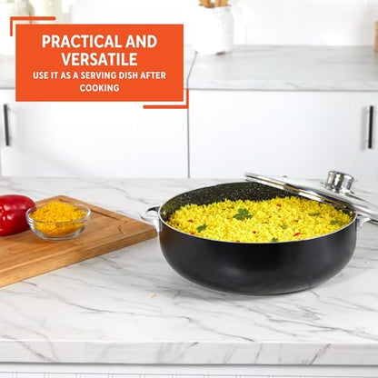 IMUSA 6.9Qt Bistro-Cera Aluminum Speckled Black Ceramic Caldero with Glass Lid, Nonstick Dutch Oven Pot for Rice, Family Meals, and Traditional Cooking, Black