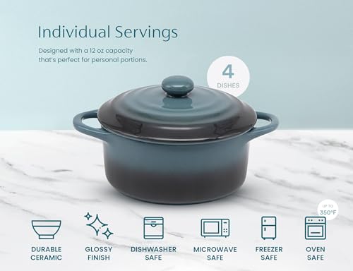 Kook Ceramic Mini Cocotte Set, Small Casserole Dishes with Lids and Handles, Individual Baking Ramekins, Oven safe 350F, Microwave & Dishwasher Safe, Stoneware, 12 oz, Set of 4, (Stone Ombre)