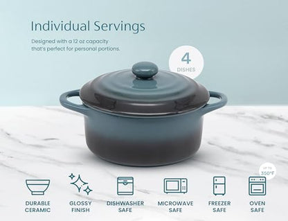 Kook Ceramic Mini Cocotte Set, Small Casserole Dishes with Lids and Handles, Individual Baking Ramekins, Oven safe 350F, Microwave & Dishwasher Safe, Stoneware, 12 oz, Set of 4, (Stone Ombre)