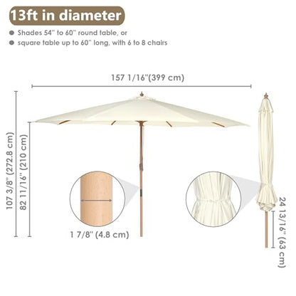 Yescom 13FT Large Heavy Duty Wooden Outdoor Patio Umbrella Solid German Beech Pole Parasol Rope Pulley 8 Rib for Deck Pool Porch Backyard Garden Market Bistro Table Beach Sun Shade,Ivory