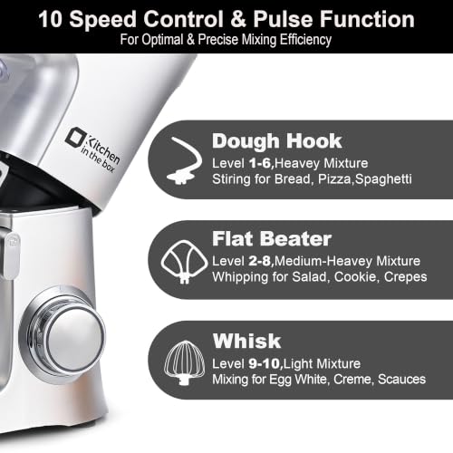 Kitchen in the box Stand Mixer 8.5 QT, 900 Watt Heavy Dough Mixer Silver