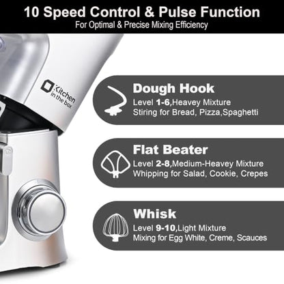 Kitchen in the box Stand Mixer 8.5 QT, 900 Watt Heavy Dough Mixer Silver