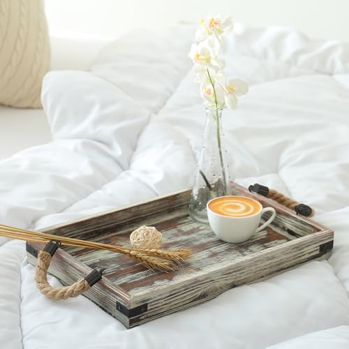 MyGift 2 Piece Set Rustic Torched Wood and Black Metal Decorative Nesting Serving Trays with Rope Handles for Breakfast in Bed, Coffee Table, Ottoman Decor